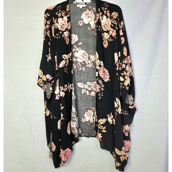 Maurices Black Floral Kimono Cardigan One Size - Picture 1 of 7